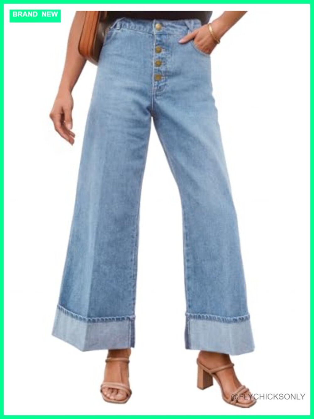 Women's Wide Leg Mid Rise Buttoned Straight Leg Jeans Turned-up Hem Denim Pants